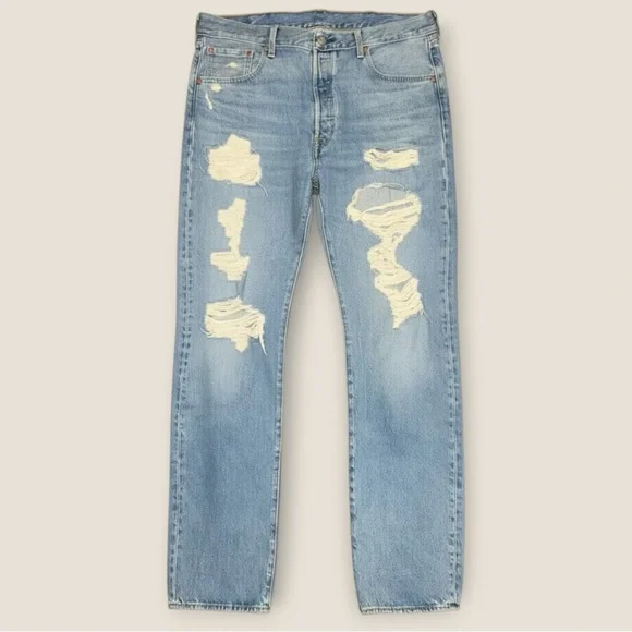 Levi’s 501 Jeans 38x34 Y2K Distressed Light Wash Straight Leg Denim Mens - Picture 1 of 10